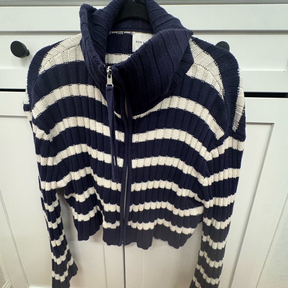 Pink Rose Navy and Cream Striped Zip-Up Cardigan